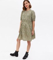 New Look Curves Maternity Green Floral Crepe Puff Sleeve Mini Smock Dress